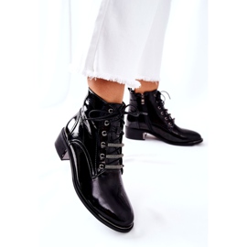 D&A Klasyczne Damskie Ocieplane Botki Lakierowane Czarne Reflection 3