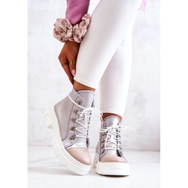 PK1 Botki Trapery Skórzane Srebrne Letty beżowy srebrny 1