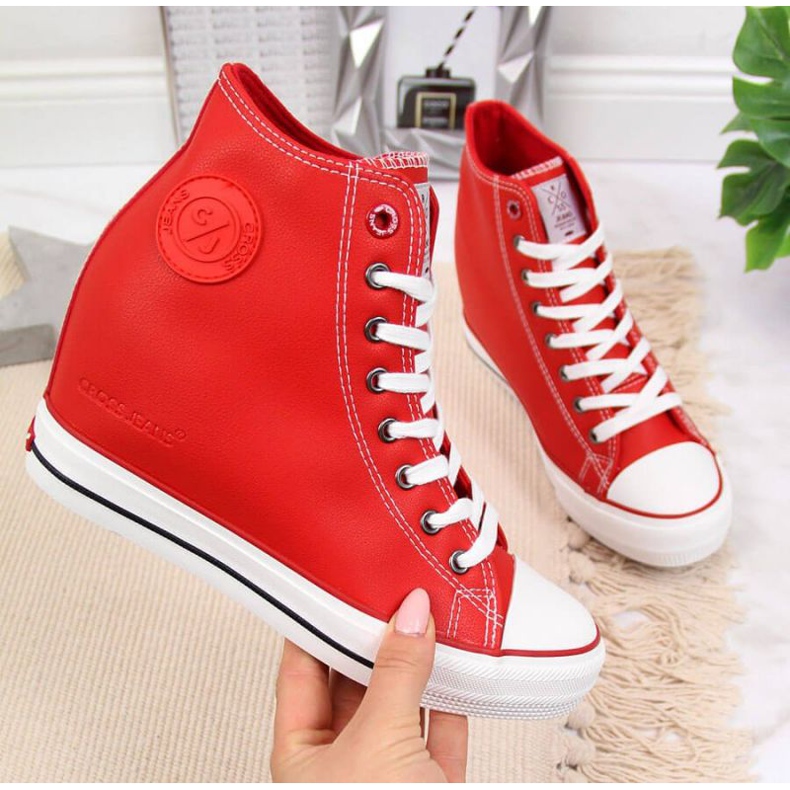 Trampki na koturnie Cross Jeans W II2R4026C czerwone białe 1