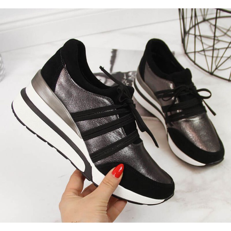 Buty skórzane na koturnie T.Sokolski W SCA139 srebrne czarne srebrny 1