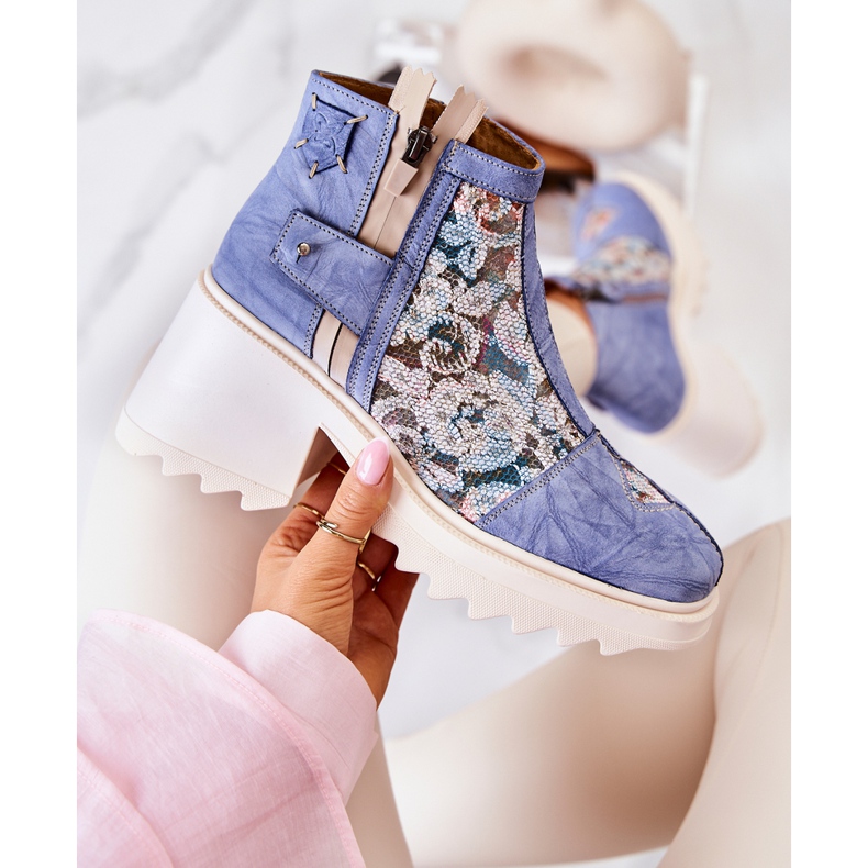 Skórzane Botki Na Masywnym Słupku Maciejka Niebieskie 05325-06 2