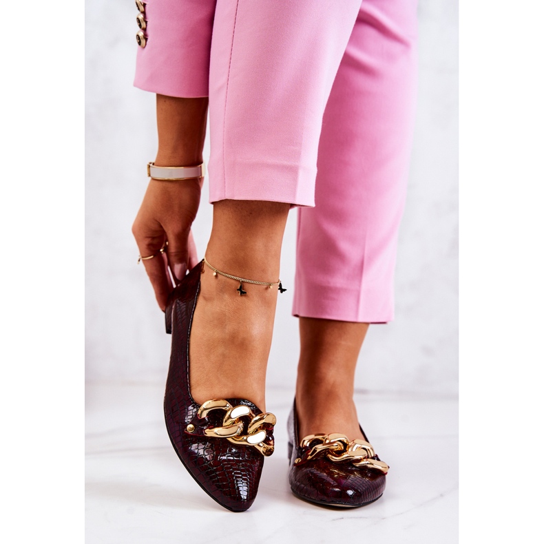 Skórzane Lakierowane Wężowe Czółenka Bordowe Elissabeth czerwone 1