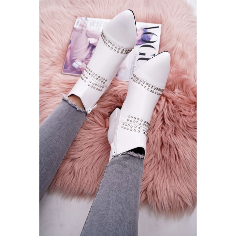 SEA Damskie Botki Na Słupku W Szpic Z Nitami Białe Primma 2