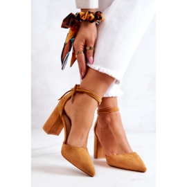 FB2 Czółenka Na Słupku Wiązane Camel Lettice brązowe żółte 2