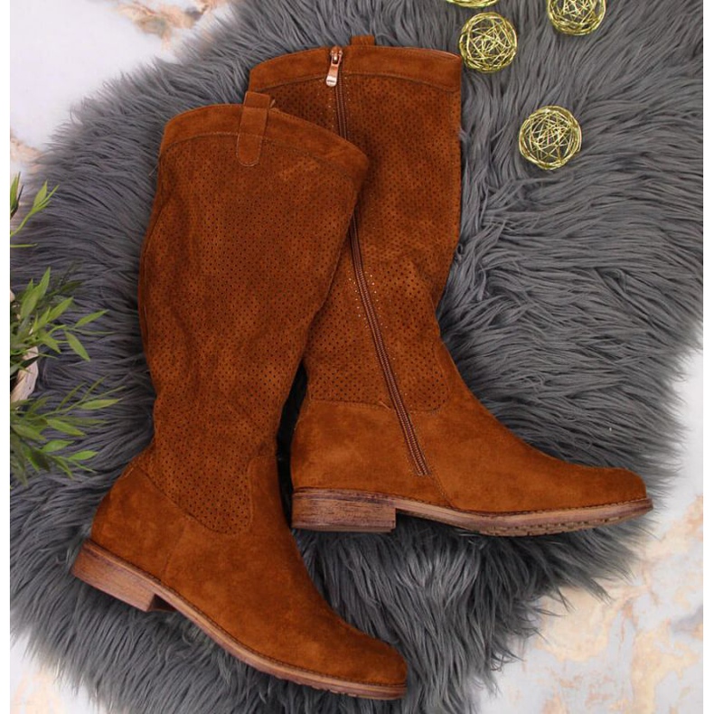 Kozaki wiosenne ażurowe S.Barski W OLI139B camel brązowe 2