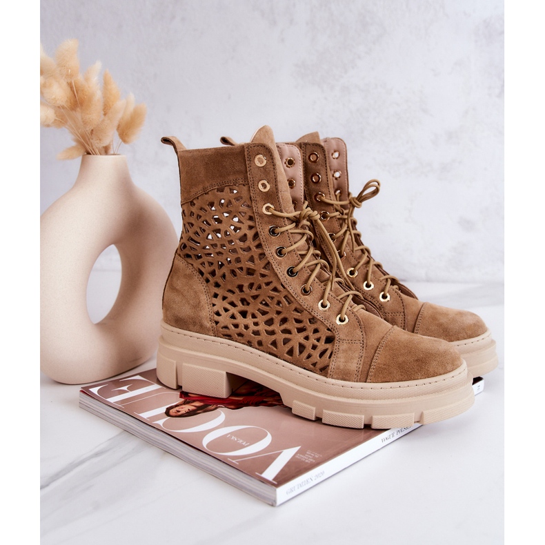 FILIPCZYK Zamszowe Ażurowe Botki Camel Aileen brązowe 1