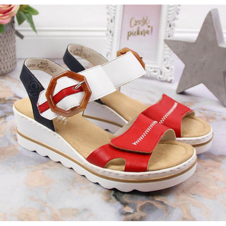 Sandały na koturnie Rieker W 67476-33 białe czerwone 2