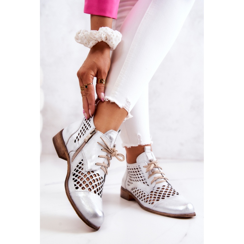 Skórzane Ażurowe Botki Nicole 2704/005 Biało-Srebrne białe 2