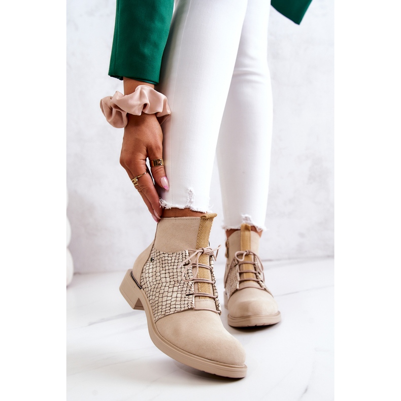 Lemar Damskie Zamszowe Botki Z Wężowym Wzorem Jasnobeżowe Sonroe beżowy 1