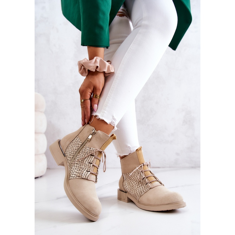 Lemar Damskie Zamszowe Botki Z Wężowym Wzorem Jasnobeżowe Sonroe beżowy 2