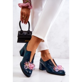 PA2 Skórzane Półbuty Wzór Krokodyl Z Ozdobą Zielone Delaver 2