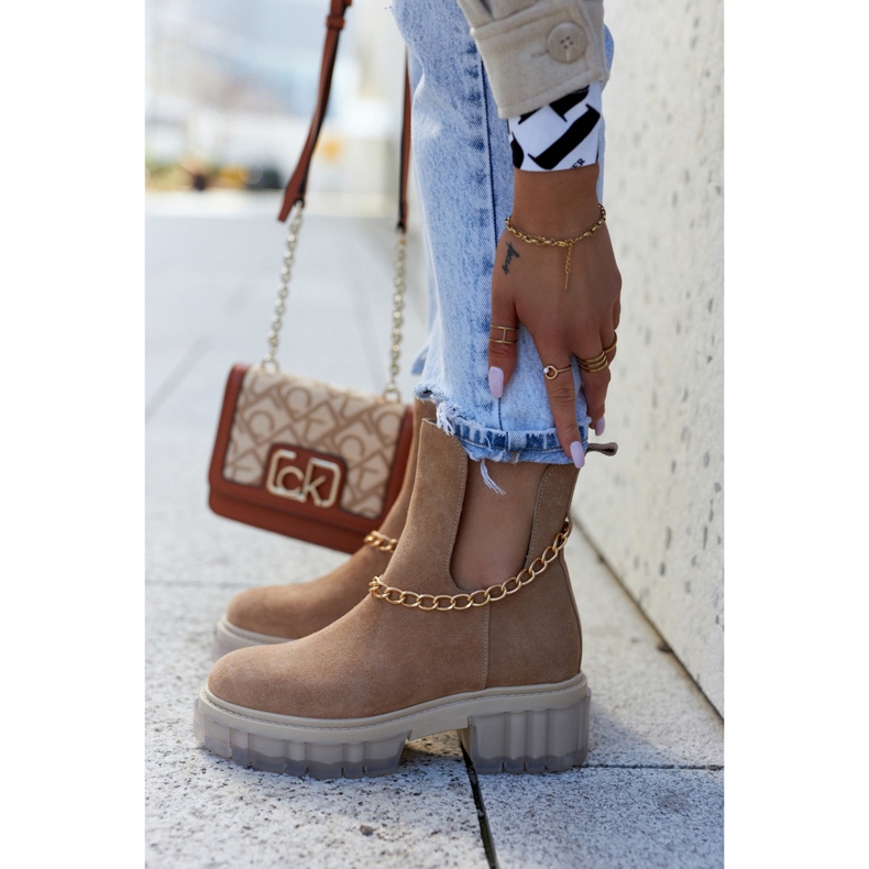 Modne Zamszowe Botki Z Wycięciem Camel Forget Me brązowe 2