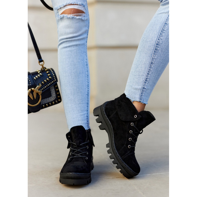 S.Barski Zamszowe Botki Trapery Wiązane Czarne Dalles 2