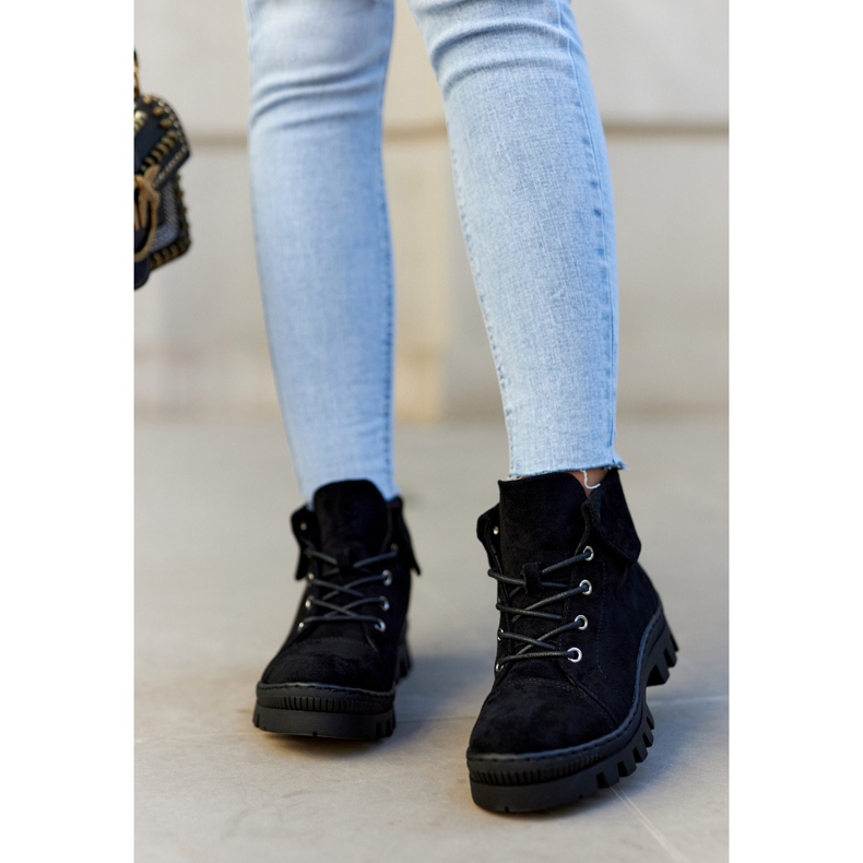 S.Barski Zamszowe Botki Trapery Wiązane Czarne Dalles 1