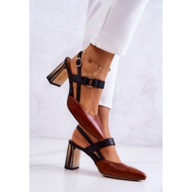 Sergio Leone Modne Skórzane Czółenka Maciejka 05498-29 Brązowo-Czarne brązowe 2