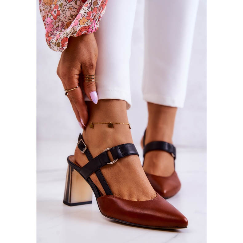 Sergio Leone Modne Skórzane Czółenka Maciejka 05498-29 Brązowo-Czarne brązowe 1