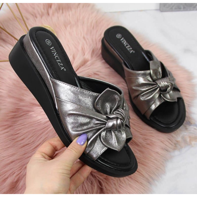 Klapki na koturnie Vinceza W JAN115B srebrne srebrny 1