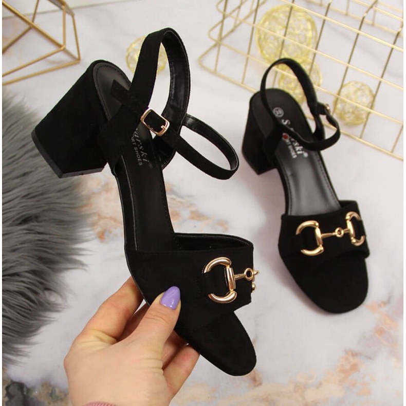 Sandały na słupku z ozdobą S.Barski W OLI158A czarne 1