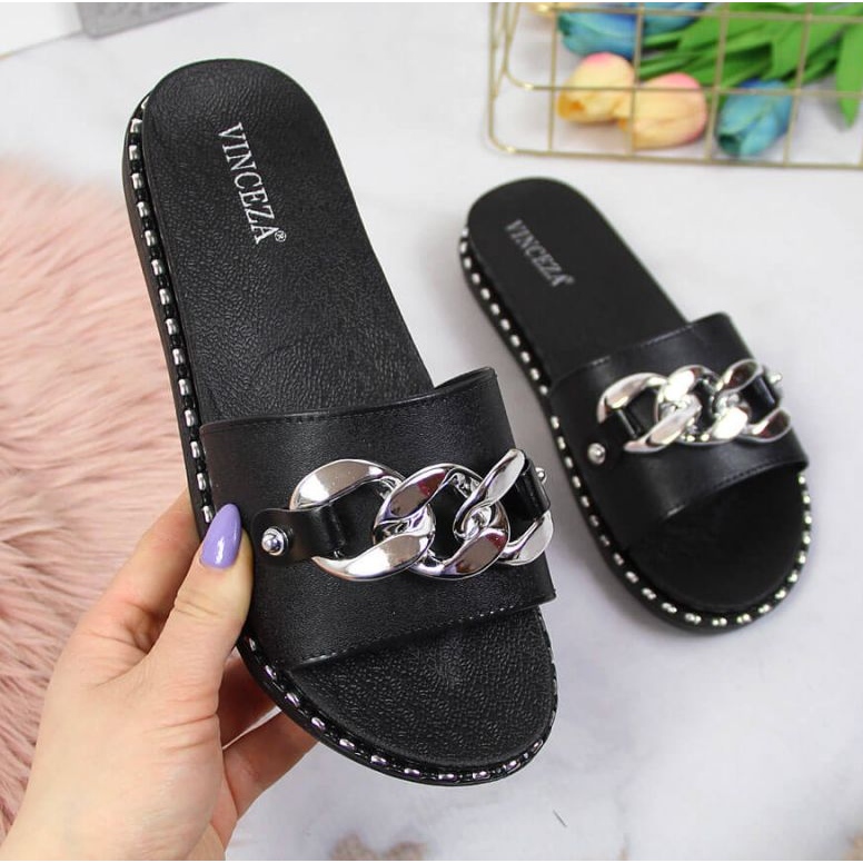 Klapki z łańcuchem Vinceza W JAN111A czarne 1