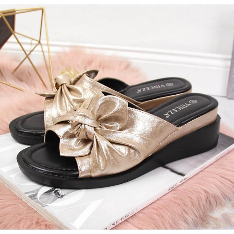 Klapki na koturnie Vinceza W JAN115A złote złoty 2