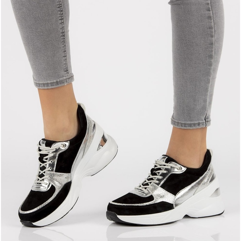 Skórzane Sneakersy Filippo DP2056/21 Bk Si czarne srebrny 1