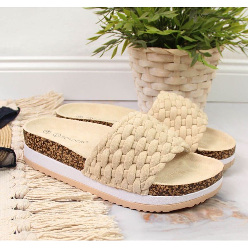 Klapki na platformie Potocki W WOL66B beżowe beżowy 2