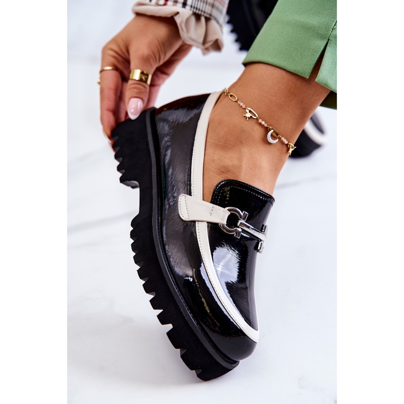 S.Barski Lakierowane Damskie Półbuty Loafery Czarno-Białe Cassida czarne 2