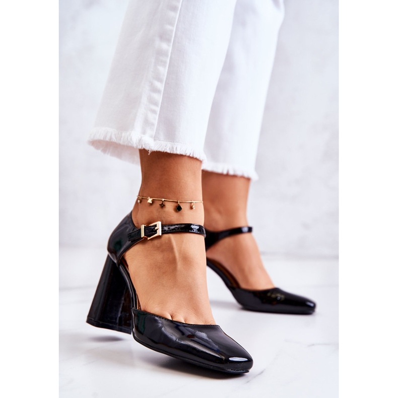 PG1 Modne Lakierowane Czółenka Na Słupku Czarne Maoris 2