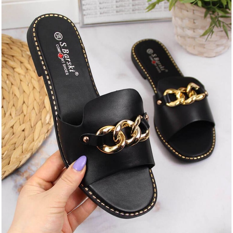 Klapki z łańcuchem czarne W S.Barski 1