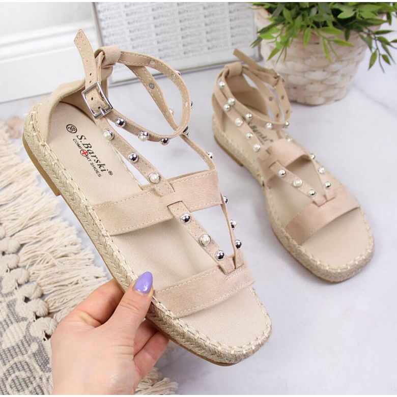 Sandały espadryle z perełkami beżowe W S.Barski beżowy 1