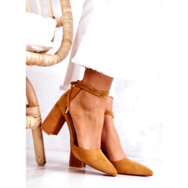 FB2 Czółenka Na Słupku Wiązane Camel Lettice brązowe żółte 4