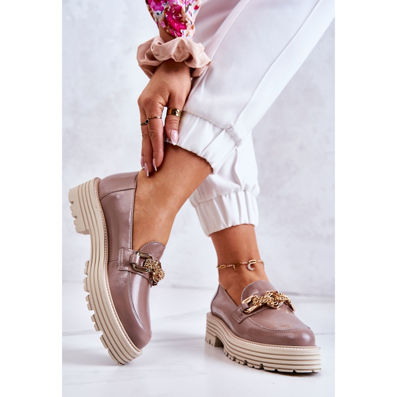 Damskie Półbuty Złota Ozdoba Skórzane Laura Messi 2383 Ciemny Beż beżowy 2