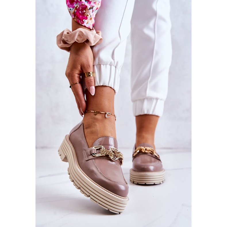 Damskie Półbuty Złota Ozdoba Skórzane Laura Messi 2383 Ciemny Beż beżowy 1