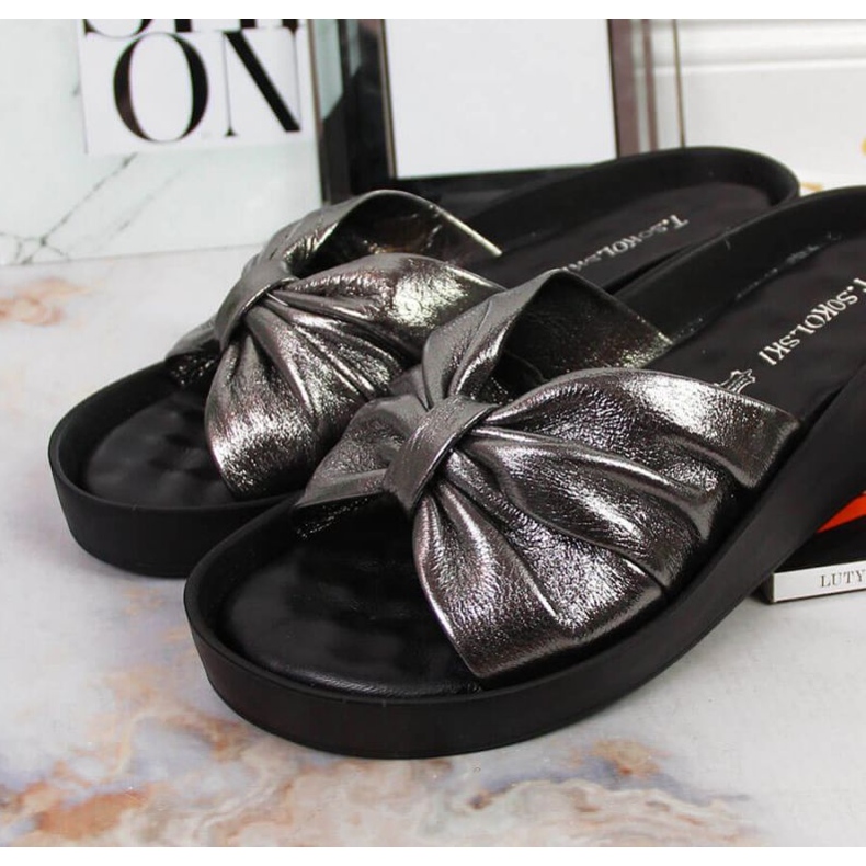 Klapki skórzane na koturnie T.Sokolski W SCA162B srebrne srebrny 2