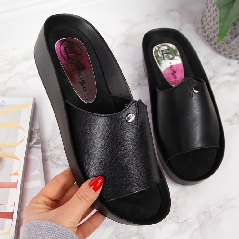 Klapki skórzane platforma Filippo W PAW199A czarne 1