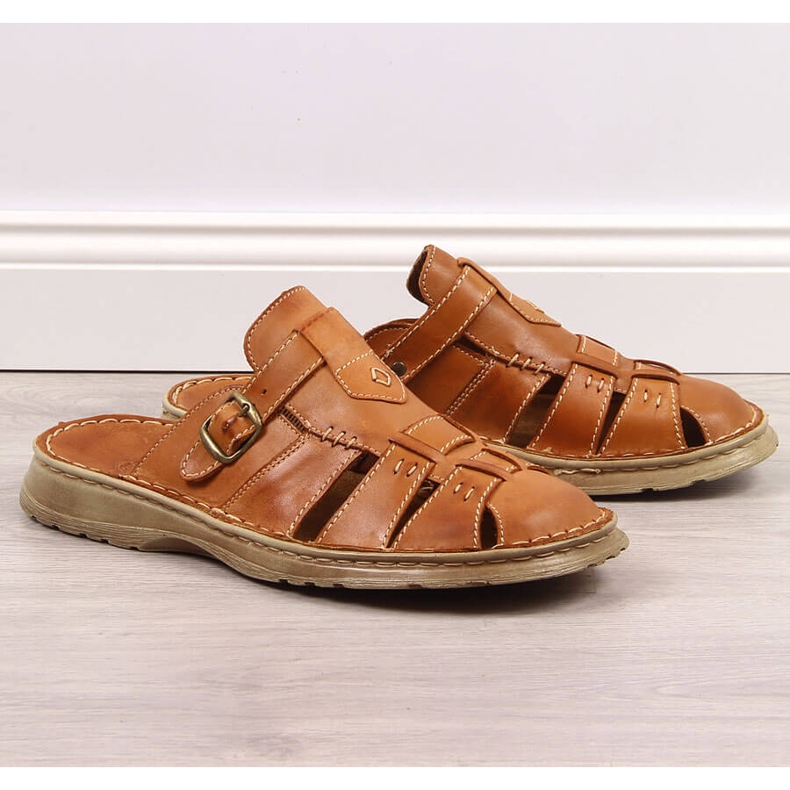 Brązowe skórzane klapki męskie komfortowe Łukbut 962 1