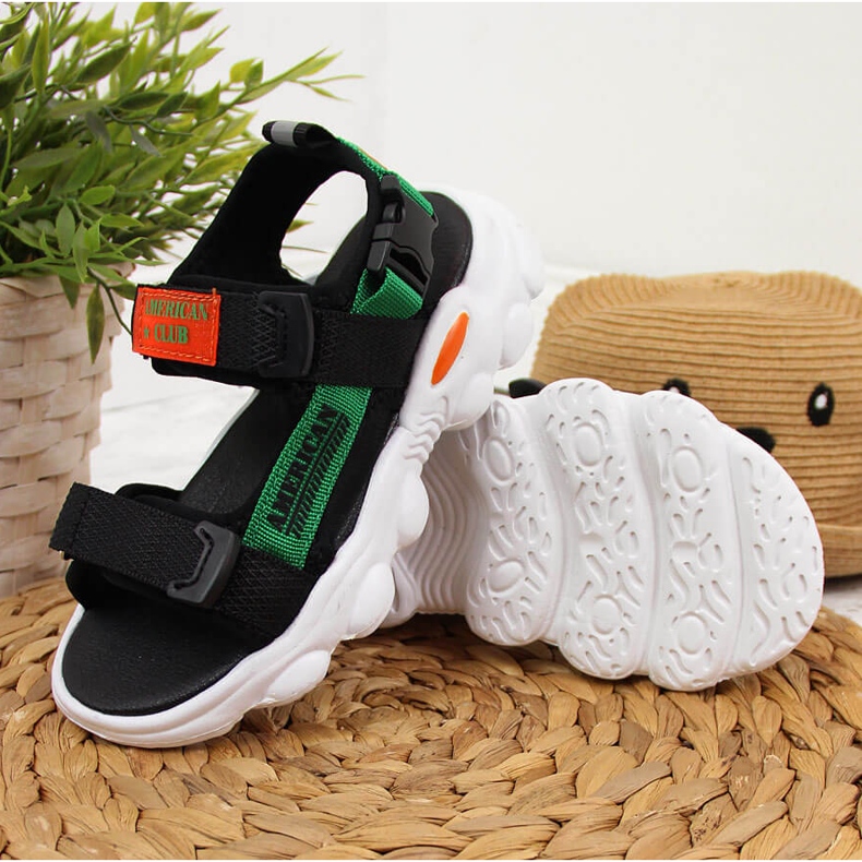 Sandały chłopięce na rzepy czarne American Club zielone 2