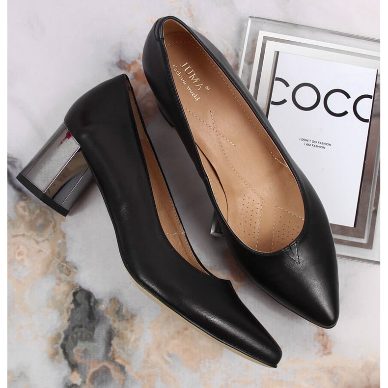 Czółenka skórzane na ozdobnym słupku czarne Juma 1