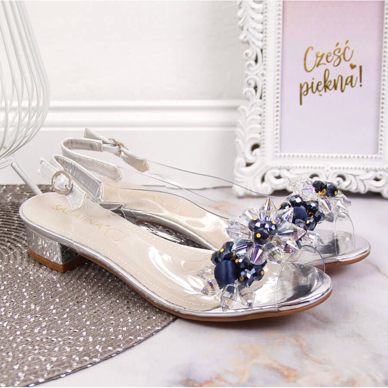 Sandały damskie transparentne z kamieniami srebrne Sabatina srebrny 2