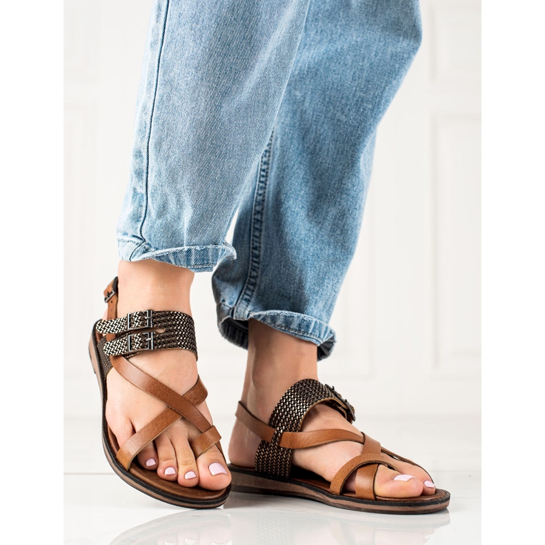 W. Potocki Stylowe Sandałki Ze Skóry Potocki brązowe 2