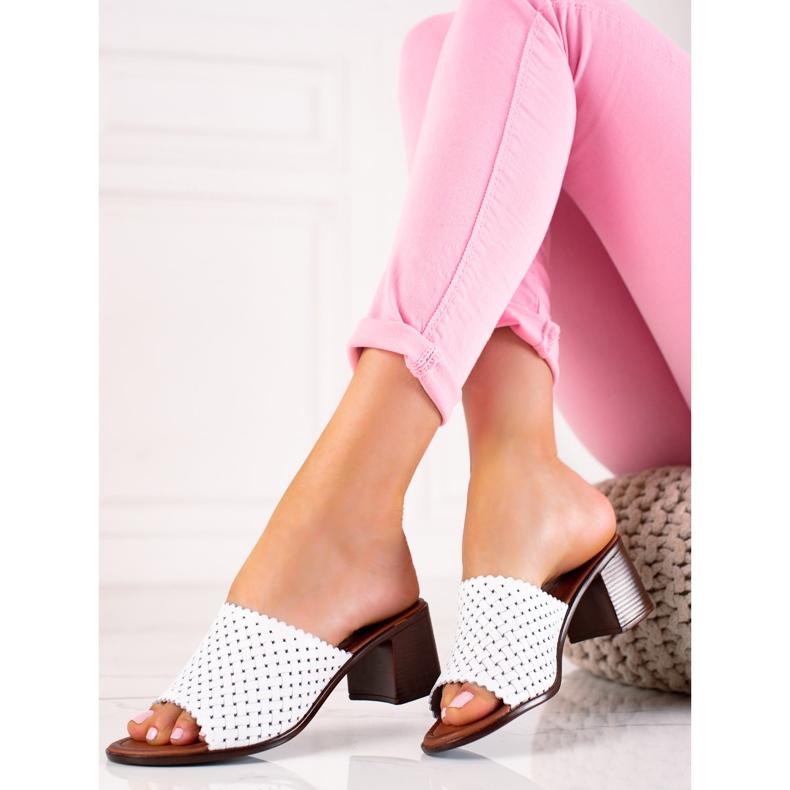 W. Potocki Skórzane Klapki Na Obcasie Potocki białe 1