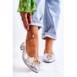 PA2 Skórzane Baleriny Na Obcasie Z Ozdobą Srebrne Elenie srebrny 1