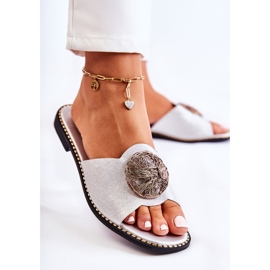 S.Barski Damskie Skórzane Klapki Z Ozdobą Srebrne Colene srebrny 2