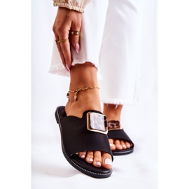 FJ1 Damskie Klapki Z Ozdobnym Elementem Czarne Leonia 2