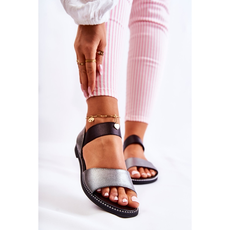 S.Barski Klasyczne Sandały Z Ćwiekami Ciemnosrebrne Shelly czarne srebrny 1