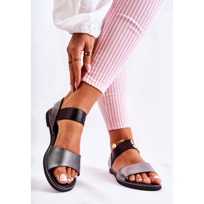 S.Barski Klasyczne Sandały Z Ćwiekami Ciemnosrebrne Shelly czarne srebrny 2