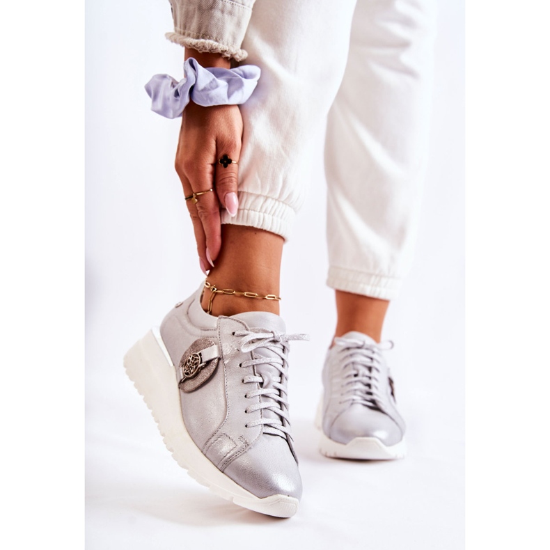 Skórzane Buty Sportowe Na Koturnie Maciejka 05492-11 Srebrne srebrny 1