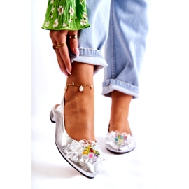 PA2 Skórzane Baleriny Na Obcasie Z Ozdobą Srebrne Elenie srebrny 1