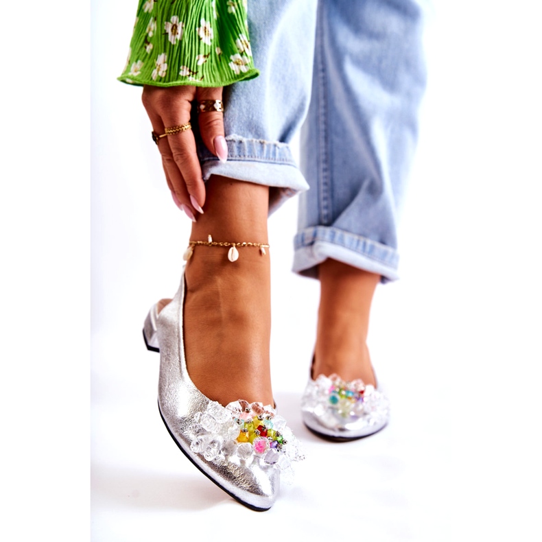 PA2 Skórzane Baleriny Na Obcasie Z Ozdobą Srebrne Elenie srebrny 1
