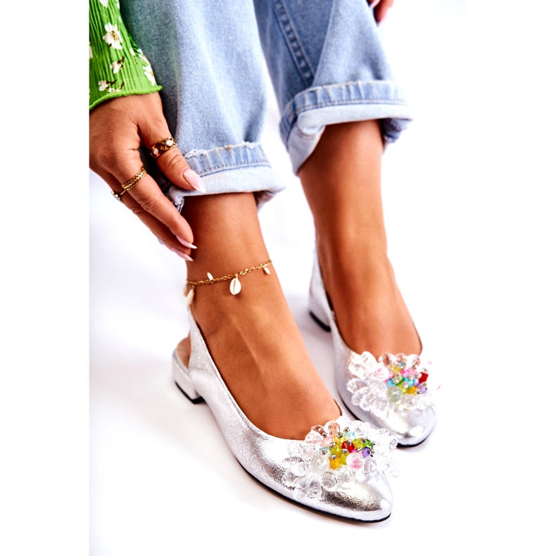 PA2 Skórzane Baleriny Na Obcasie Z Ozdobą Srebrne Elenie srebrny 4